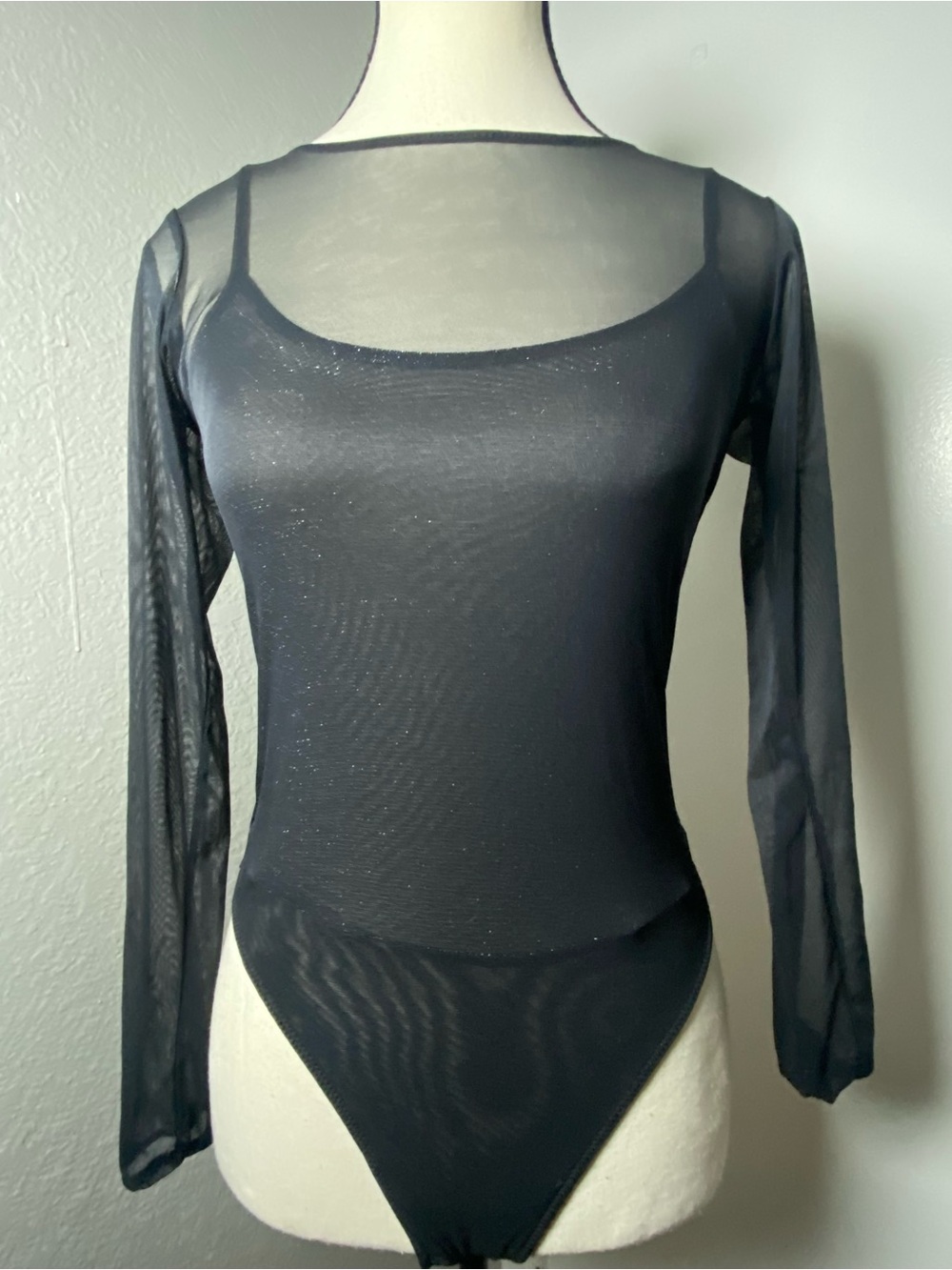 Y2K Victoria’s Secret Sheer Black Mesh & Silver Glitter Layered Bodysuit Small